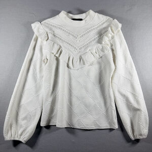 Alice Blue Womens M White Textured Ruffle Lace Trim Blouse Long Sleeve